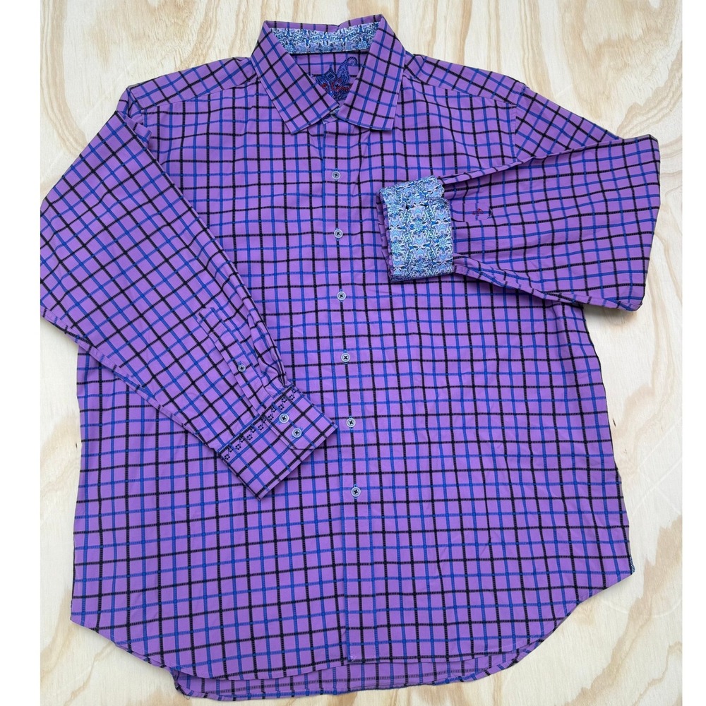 Robert Graham 3XL Purple Grid Check Paisley Trim Button Down Shirt Classic Fit - Picture 2 of 9